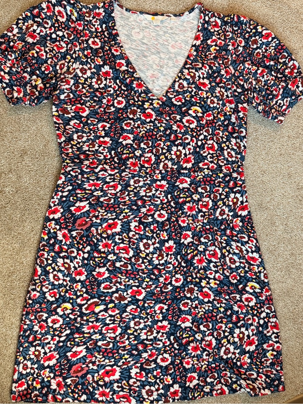 Boden Navy Floral V-Neck Dress with Red and White Blooms